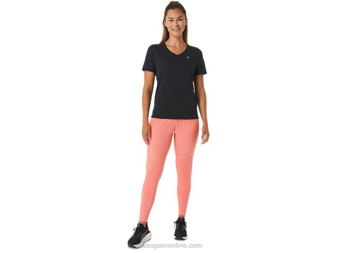 top de manga corta con cuello en v de carrera para mujer Asics 4L682448 rendimiento negro/gris carbón