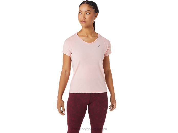 top de manga corta con cuello en v para mujer Asics 4L682773 rosa helada