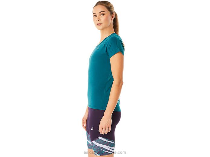 top de manga corta con cuello en v para mujer Asics 4L683078 pino terciopelo