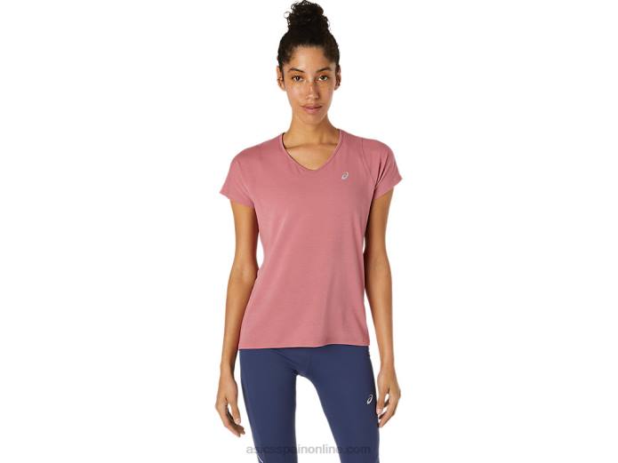 top de manga corta con cuello en v para mujer Asics 4L683832 rosa ahumado