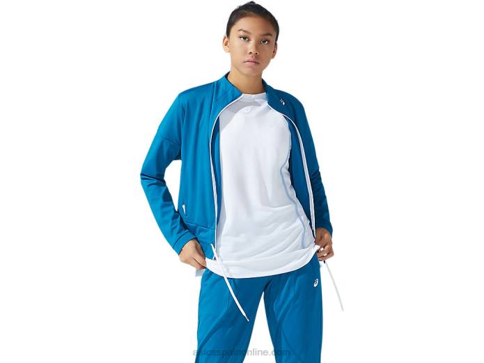 chaqueta de tenis de mujer Asics 4L683781 verde azulado profundo/blanco brillante