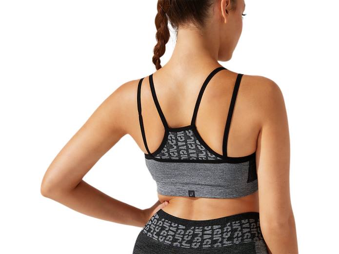 sujetador corto de mujer sin costuras con logo Asics 4L683928 rendimiento negro/gris grafito