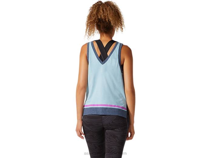 camiseta sin mangas color block para mujer Asics 4L684066 humo azul